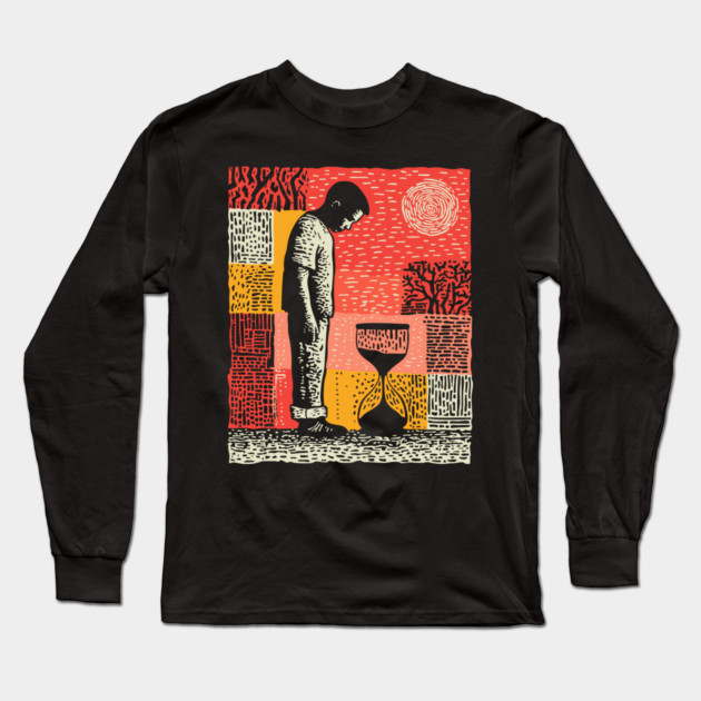 Time Running Out – Hourglass Reflection Linocut Long Sleeve T-Shirt by TuncGK