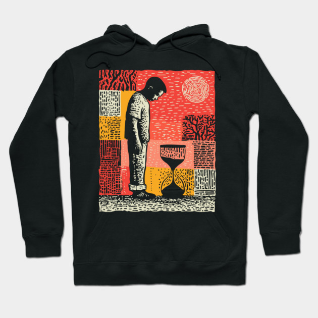 Time Running Out – Hourglass Reflection Linocut Hoodie by TuncGK