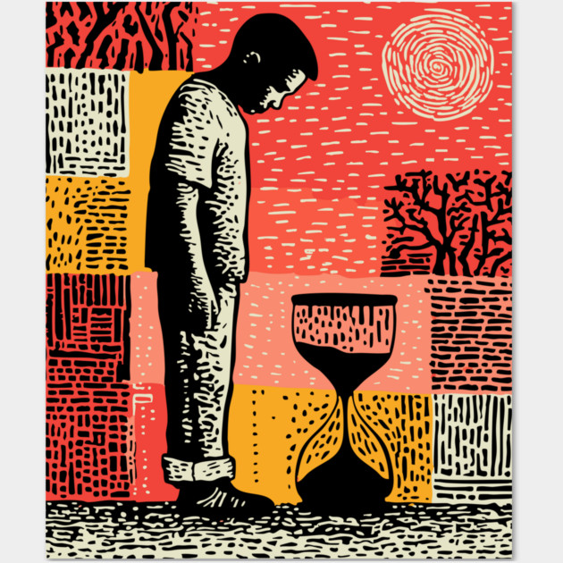 Time Running Out – Hourglass Reflection Linocut Wall Art by TuncGK