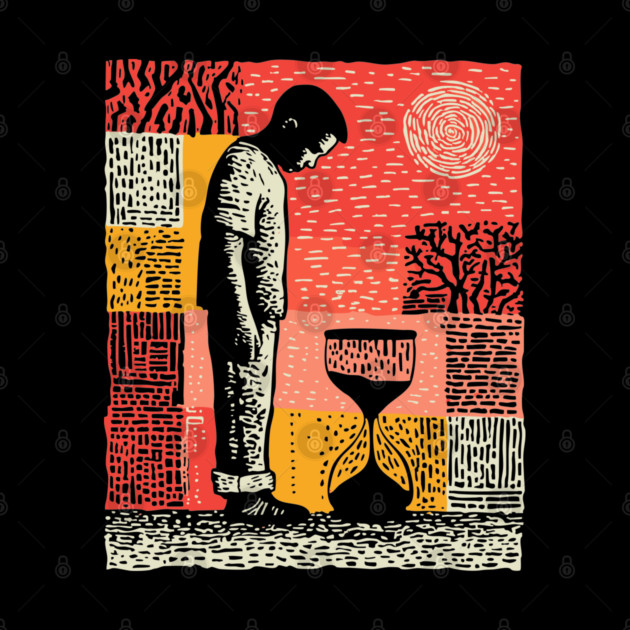 Time Running Out – Hourglass Reflection Linocut by TuncGK