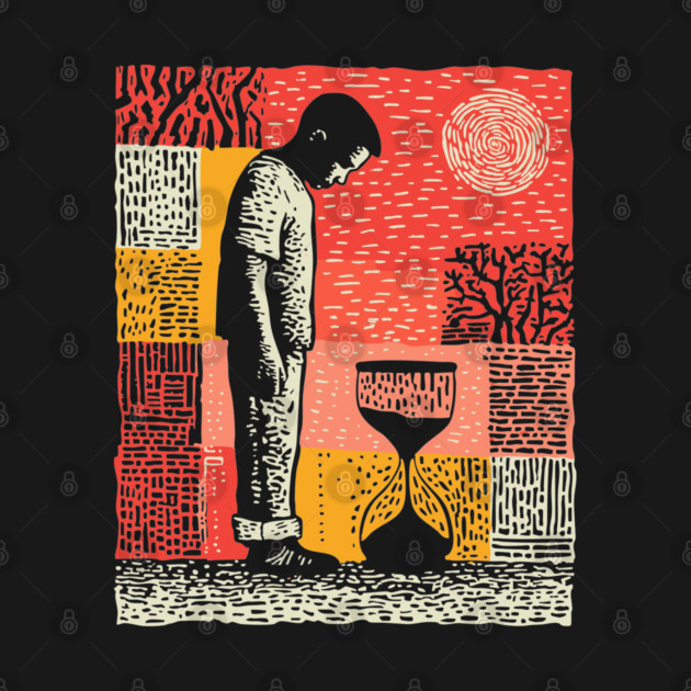 Time Running Out – Hourglass Reflection Linocut by TuncGK