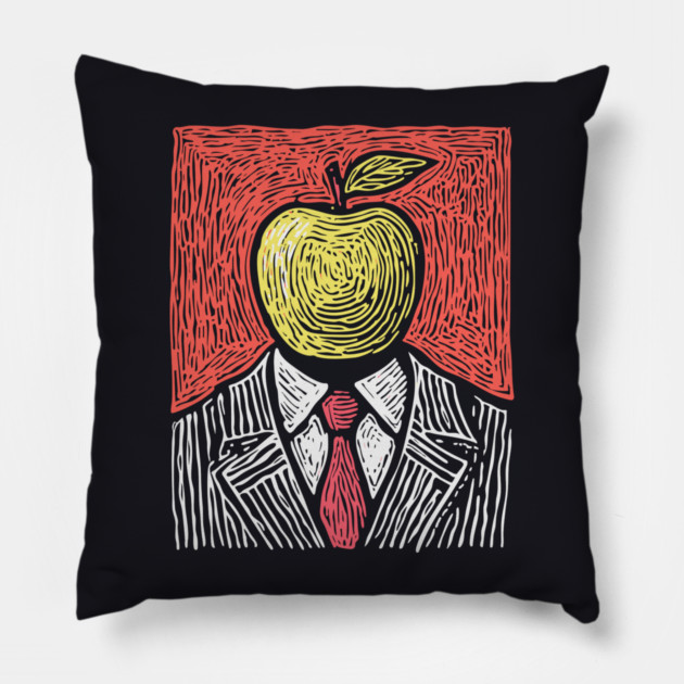Tribute to Magritte – Apple Face Linocut Portrait Pillow by TuncGK