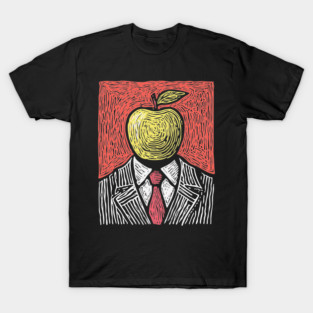 Tribute to Magritte – Apple Face Linocut Portrait T-Shirt