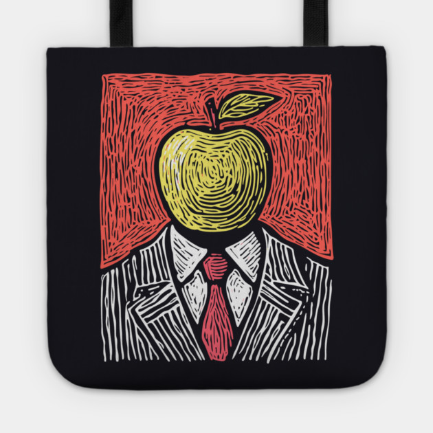 Tribute to Magritte – Apple Face Linocut Portrait Tote by TuncGK