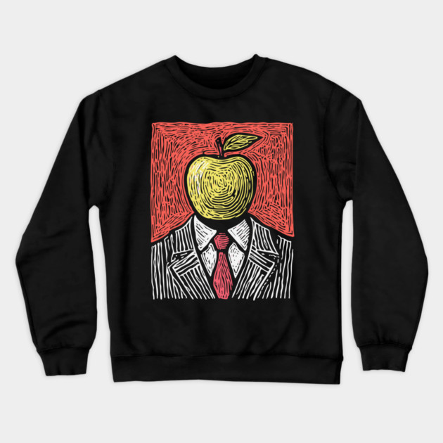Tribute to Magritte – Apple Face Linocut Portrait Crewneck Sweatshirt by TuncGK