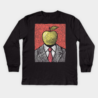 Tribute to Magritte – Apple Face Linocut Portrait Kids Long Sleeve T-Shirt