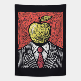 Tribute to Magritte – Apple Face Linocut Portrait Tapestry