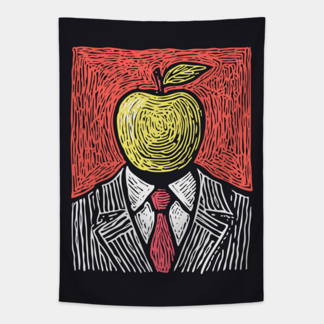 Tribute to Magritte – Apple Face Linocut Portrait Tapestry by TuncGK