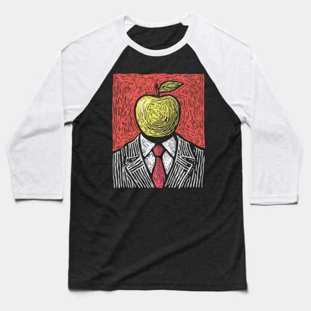 Tribute to Magritte – Apple Face Linocut Portrait Baseball T-Shirt by TuncGK
