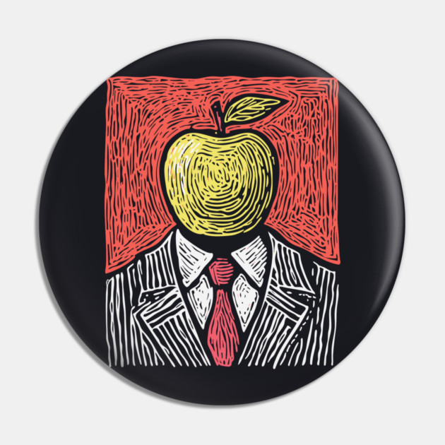 Tribute to Magritte – Apple Face Linocut Portrait Pin by TuncGK