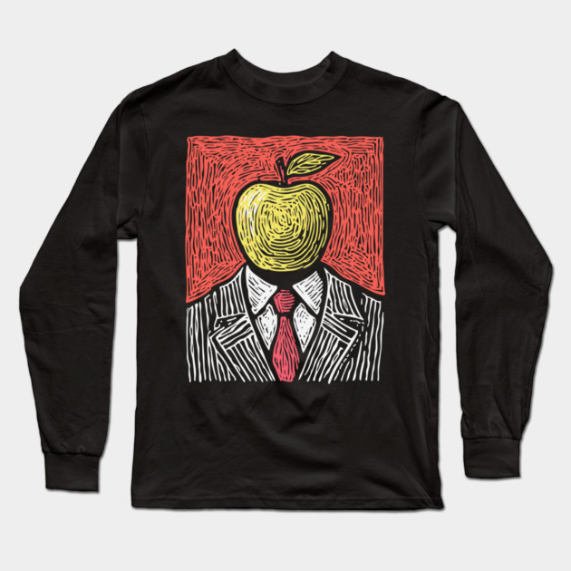 Tribute to Magritte – Apple Face Linocut Portrait Long Sleeve T-Shirt by TuncGK