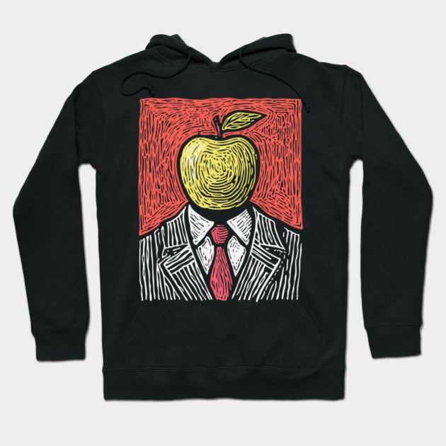Tribute to Magritte – Apple Face Linocut Portrait Hoodie by TuncGK