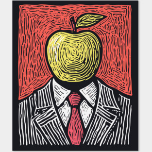 Tribute to Magritte – Apple Face Linocut Portrait Posters and Art