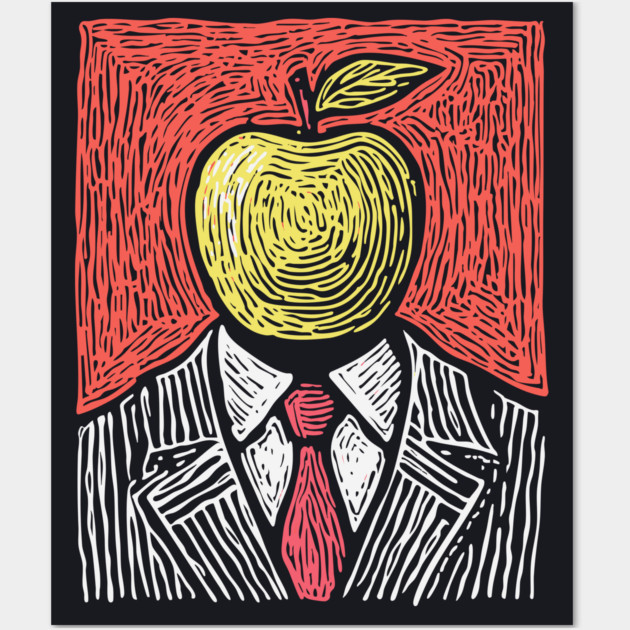 Tribute to Magritte – Apple Face Linocut Portrait Wall Art by TuncGK