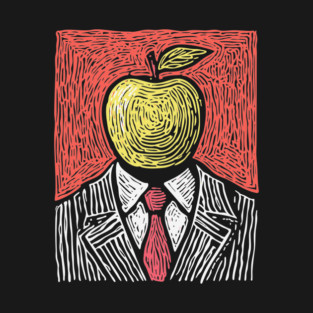 Tribute to Magritte – Apple Face Linocut Portrait T-Shirt