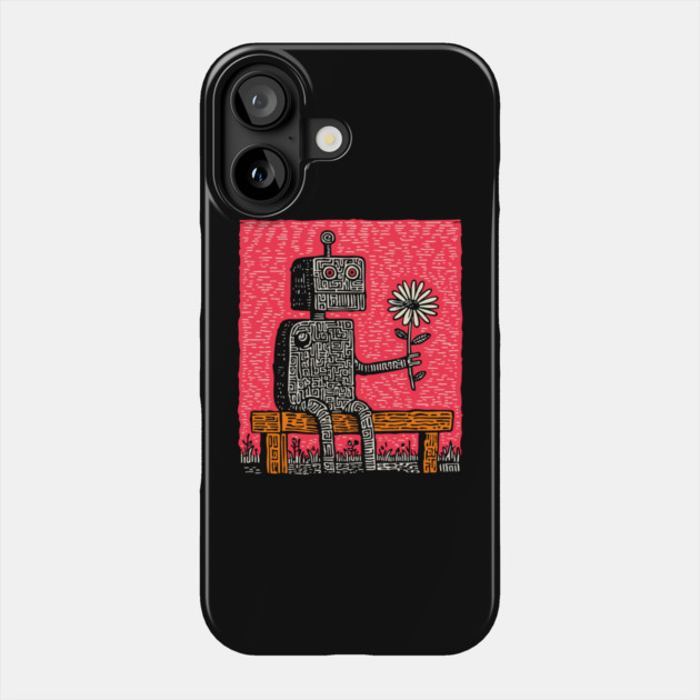 Robot with Wilting Flower – Nature vs. Machine Linocut Phone Case by TuncGK