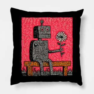 Robot with Wilting Flower – Nature vs. Machine Linocut Pillow