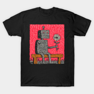 Robot with Wilting Flower – Nature vs. Machine Linocut T-Shirt