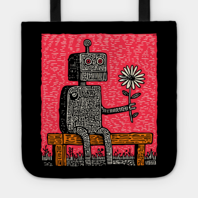 Robot with Wilting Flower – Nature vs. Machine Linocut Tote by TuncGK