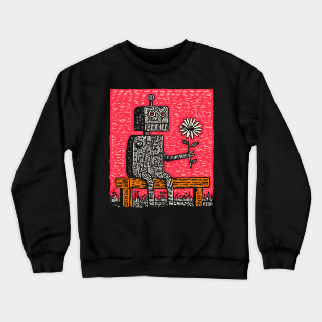 Robot with Wilting Flower – Nature vs. Machine Linocut Crewneck Sweatshirt by TuncGK