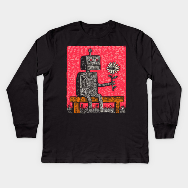 Robot with Wilting Flower – Nature vs. Machine Linocut Kids Long Sleeve T-Shirt by TuncGK