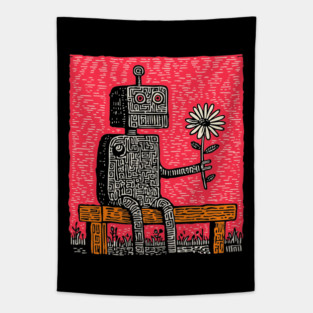 Robot with Wilting Flower – Nature vs. Machine Linocut Tapestry