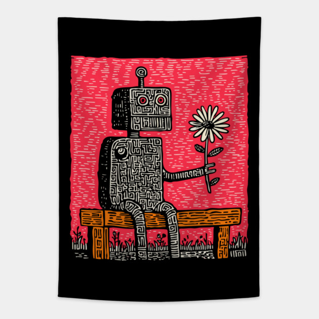 Robot with Wilting Flower – Nature vs. Machine Linocut Tapestry by TuncGK