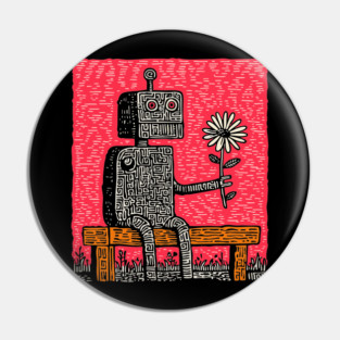 Robot with Wilting Flower – Nature vs. Machine Linocut Pin
