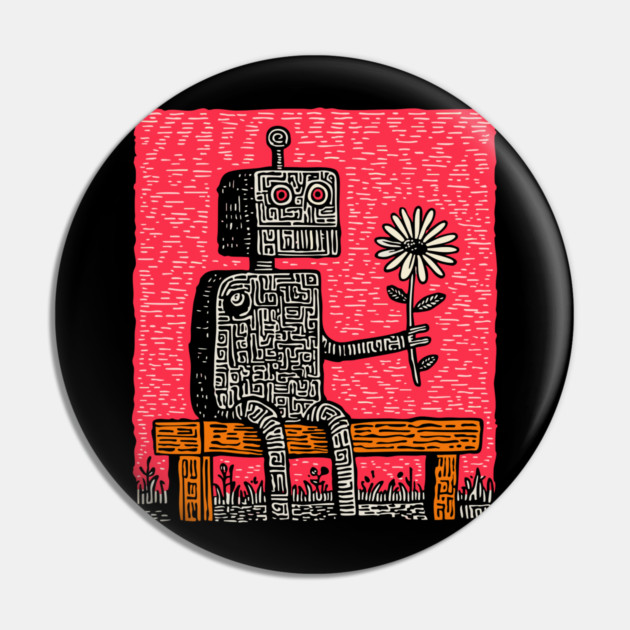 Robot with Wilting Flower – Nature vs. Machine Linocut Pin by TuncGK