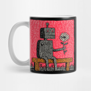 Robot with Wilting Flower – Nature vs. Machine Linocut Mug