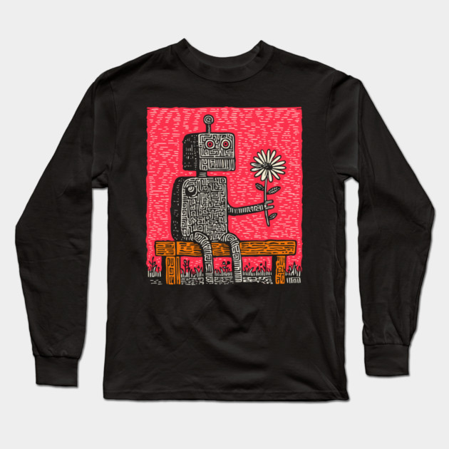 Robot with Wilting Flower – Nature vs. Machine Linocut Long Sleeve T-Shirt by TuncGK