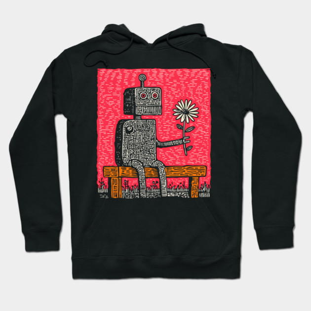Robot with Wilting Flower – Nature vs. Machine Linocut Hoodie by TuncGK