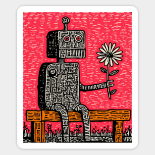 Robot with Wilting Flower – Nature vs. Machine Linocut Magnet