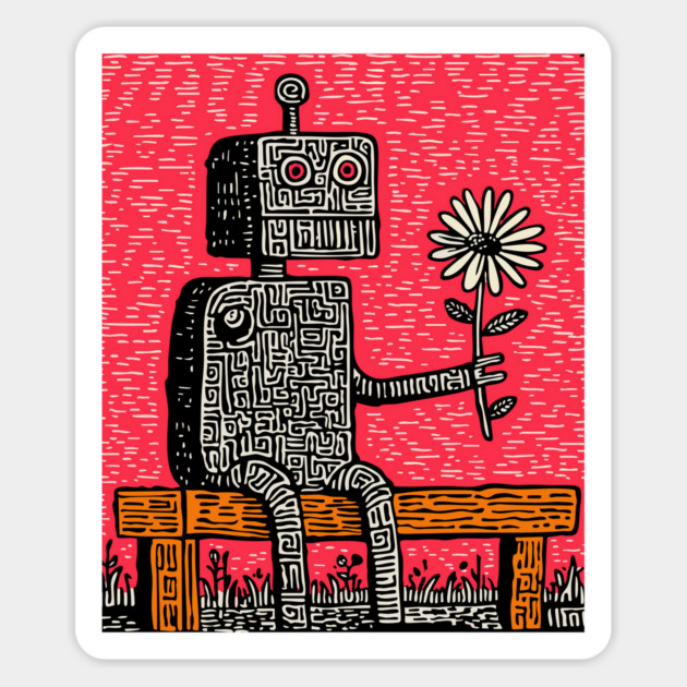 Robot with Wilting Flower – Nature vs. Machine Linocut Magnet by TuncGK