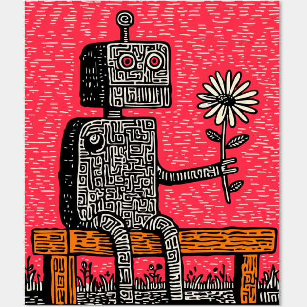 Robot with Wilting Flower – Nature vs. Machine Linocut Wall Art by TuncGK