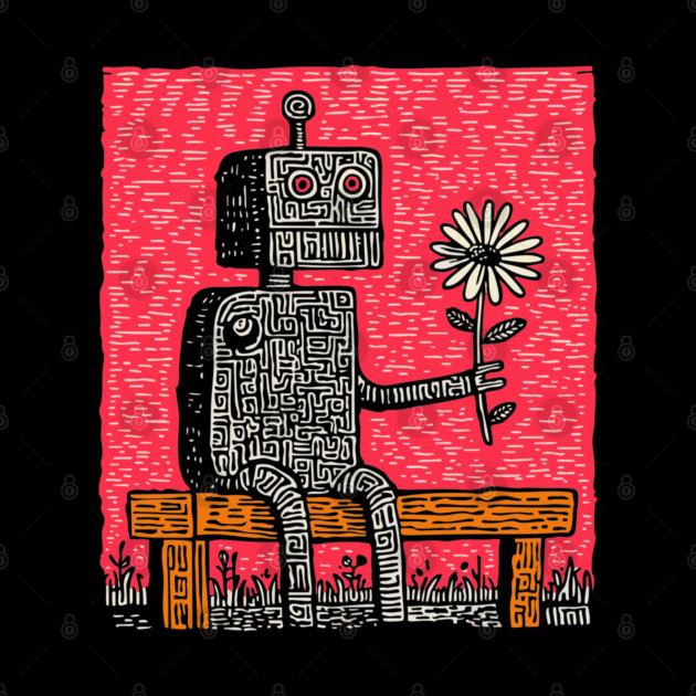 Robot with Wilting Flower – Nature vs. Machine Linocut by TuncGK