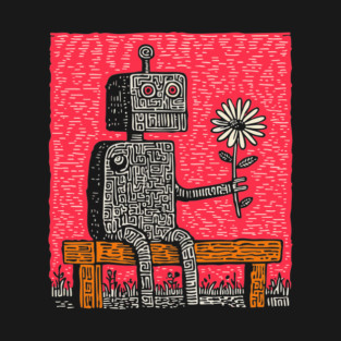Robot with Wilting Flower – Nature vs. Machine Linocut T-Shirt