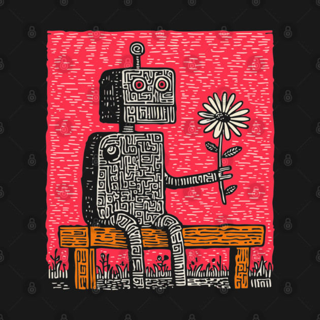 Robot with Wilting Flower – Nature vs. Machine Linocut by TuncGK