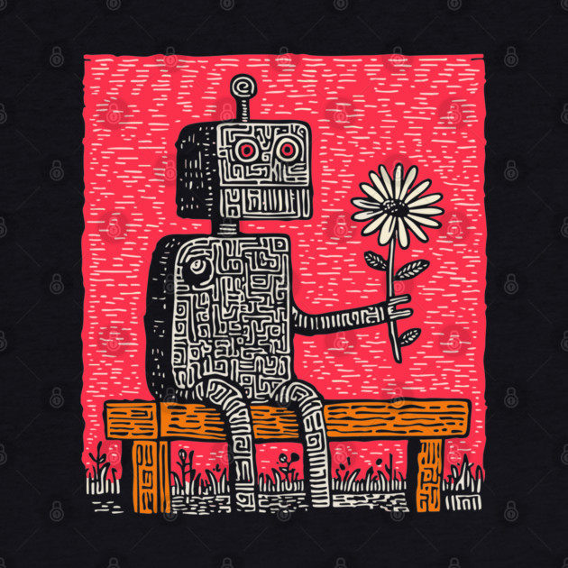 Robot with Wilting Flower – Nature vs. Machine Linocut by TuncGK