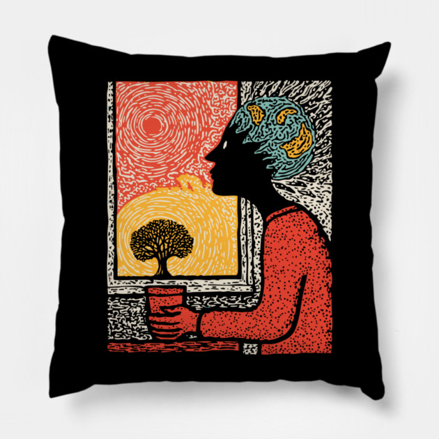 Wanderluster – World Mind Dreaming Linocut Pillow by TuncGK