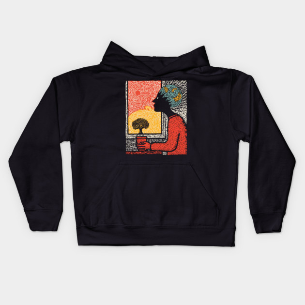 Wanderluster – World Mind Dreaming Linocut Kids Hoodie by TuncGK