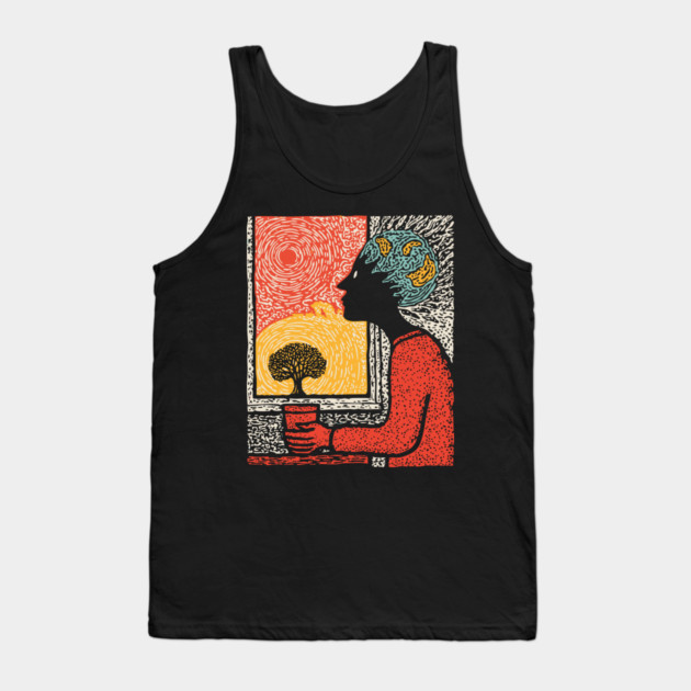 Wanderluster – World Mind Dreaming Linocut Tank Top by TuncGK
