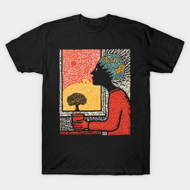 Wanderluster – World Mind Dreaming Linocut T-Shirt by TuncGK