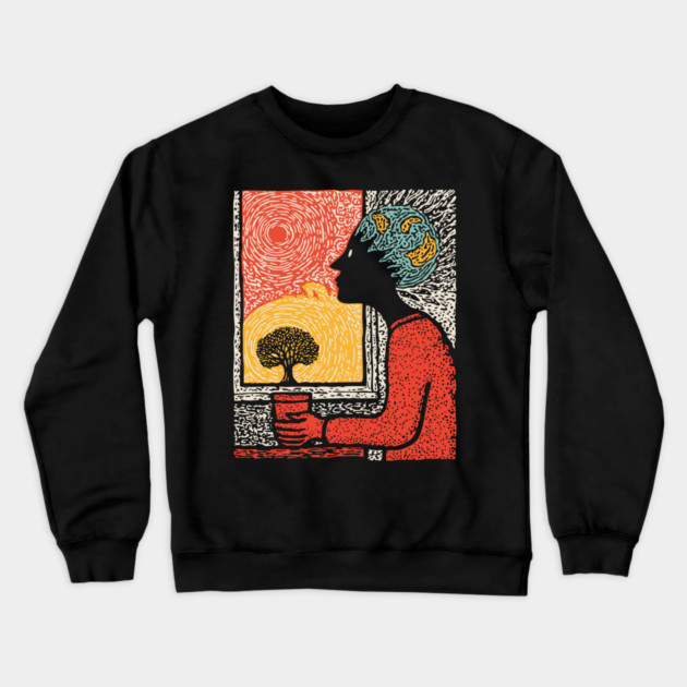 Wanderluster – World Mind Dreaming Linocut Crewneck Sweatshirt by TuncGK