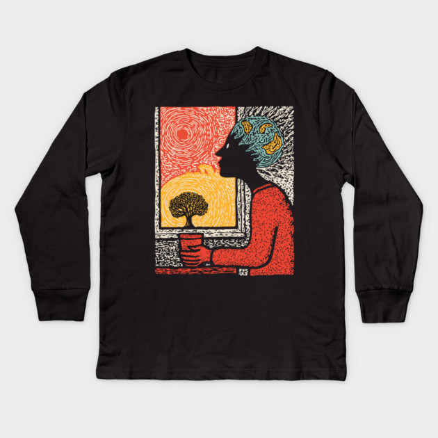 Wanderluster – World Mind Dreaming Linocut Kids Long Sleeve T-Shirt by TuncGK