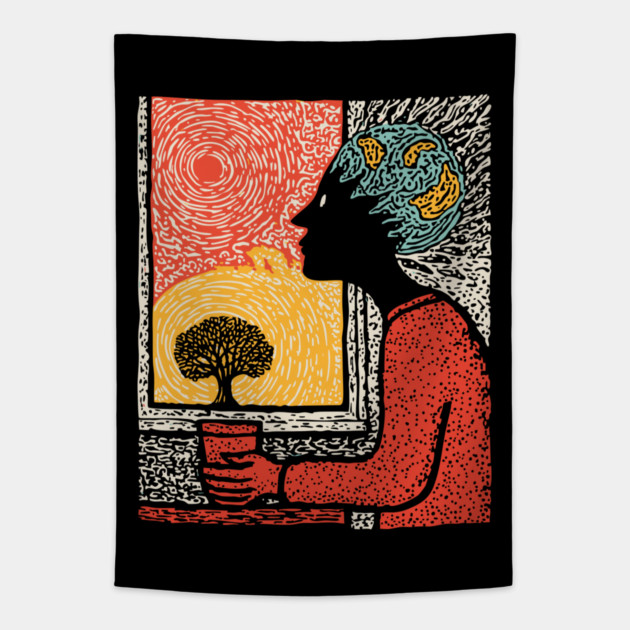Wanderluster – World Mind Dreaming Linocut Tapestry by TuncGK