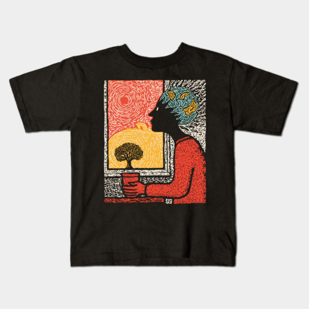 Wanderluster – World Mind Dreaming Linocut Kids T-Shirt by TuncGK