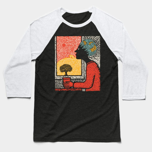 Wanderluster – World Mind Dreaming Linocut Baseball T-Shirt by TuncGK
