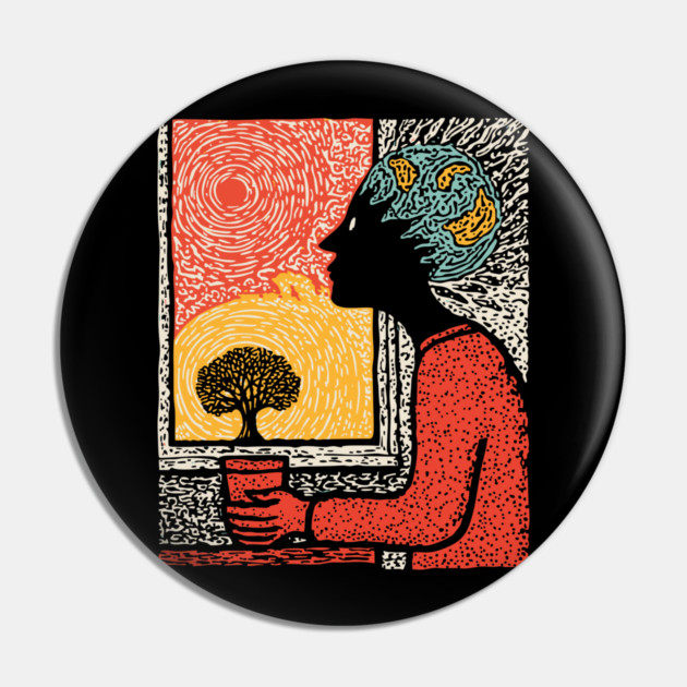 Wanderluster – World Mind Dreaming Linocut Pin by TuncGK