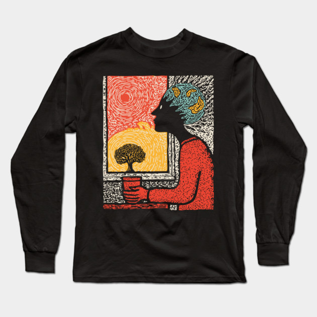 Wanderluster – World Mind Dreaming Linocut Long Sleeve T-Shirt by TuncGK